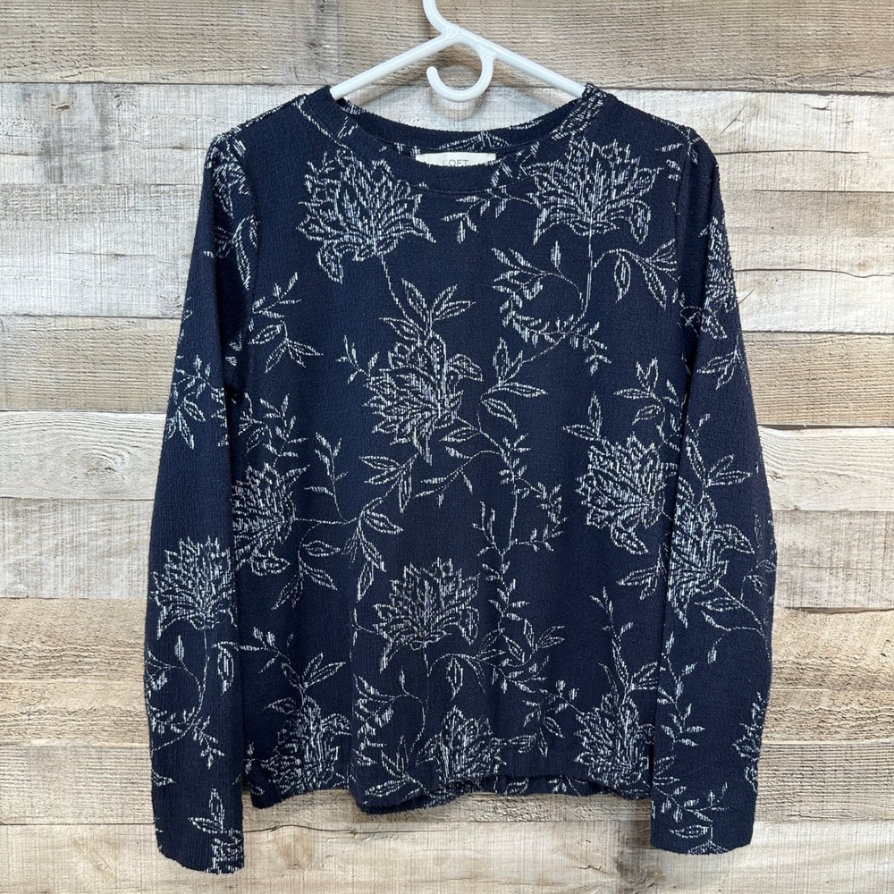 LOFT Womens Navy White‎ Floral Textured Crew Neck Long Sleeve Sweater Size S